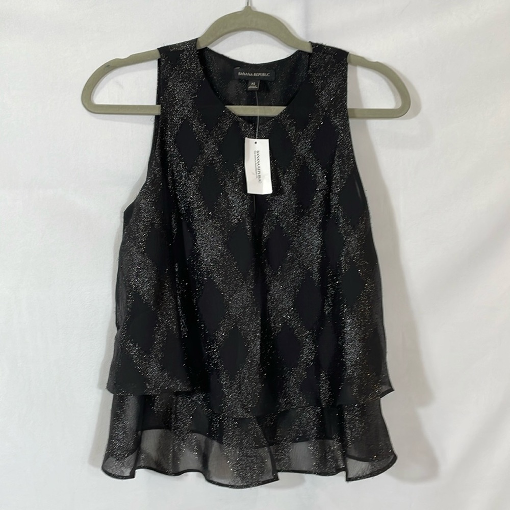 Banana Republic Top Blouse XS Dressy Black Tiered Shiny NWT